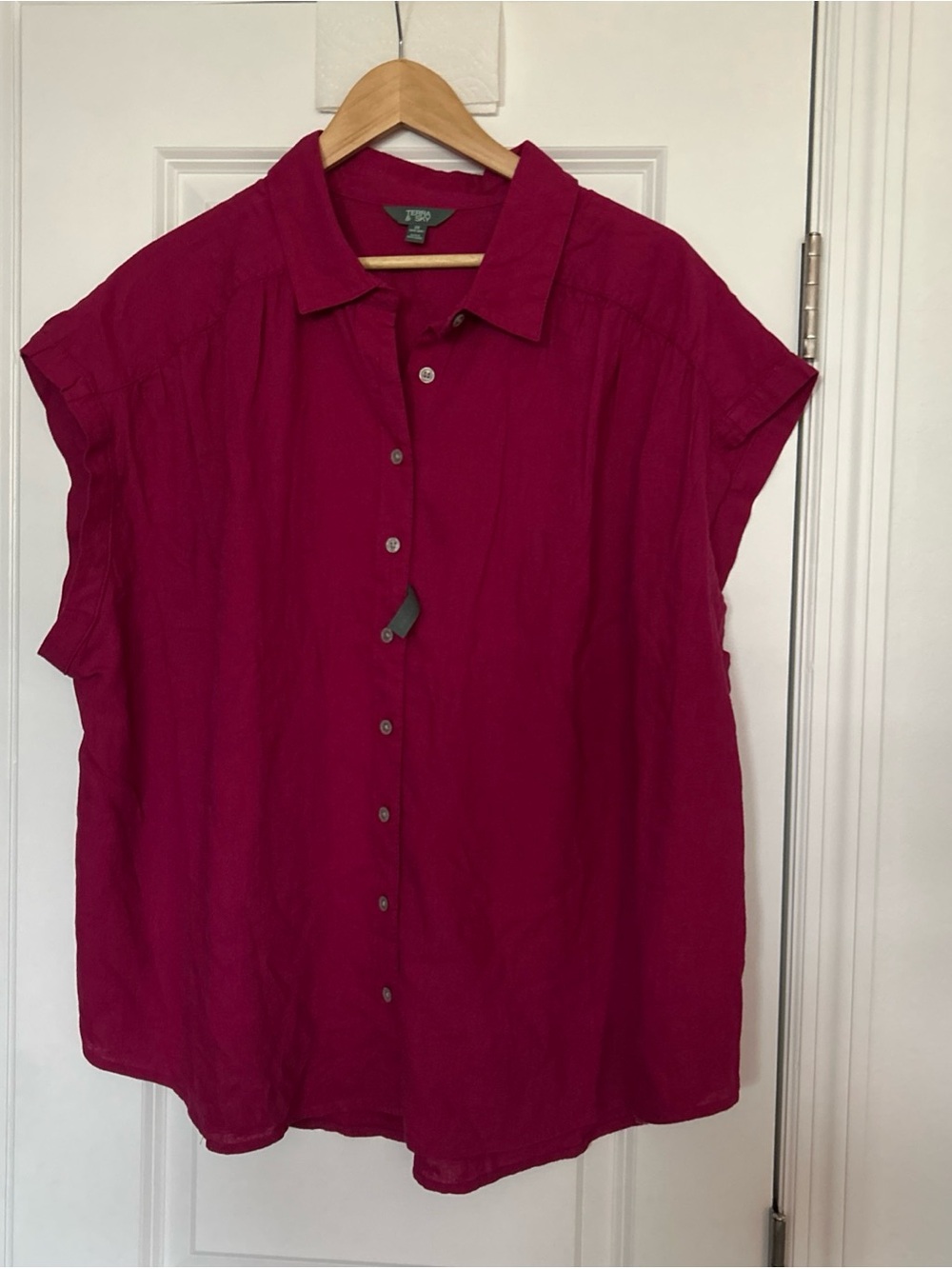 Terra & Sky Women's Plus Linen Blend Camp Shirt, Size 2x Pink/Dark Azalea